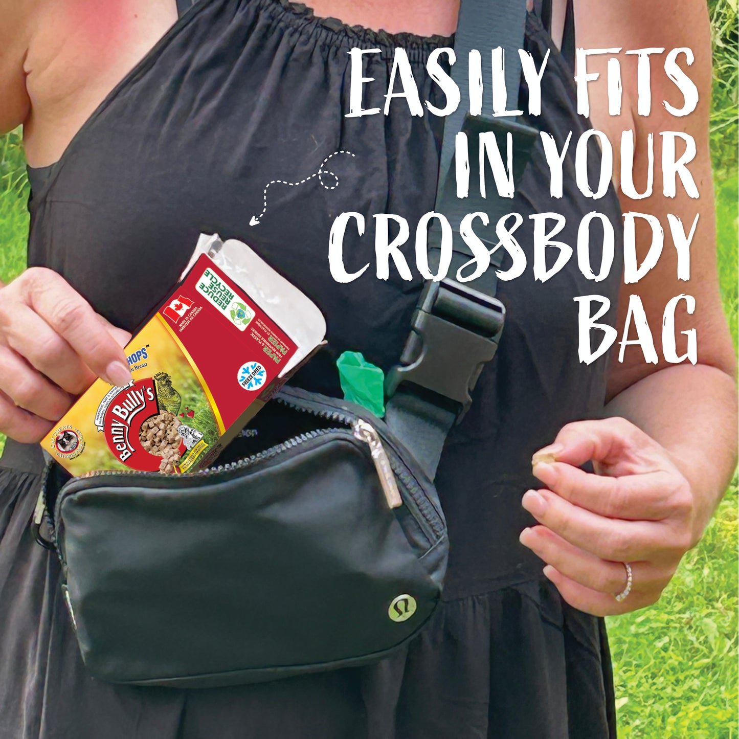 chicken mini chops in a woman's crossbody bag