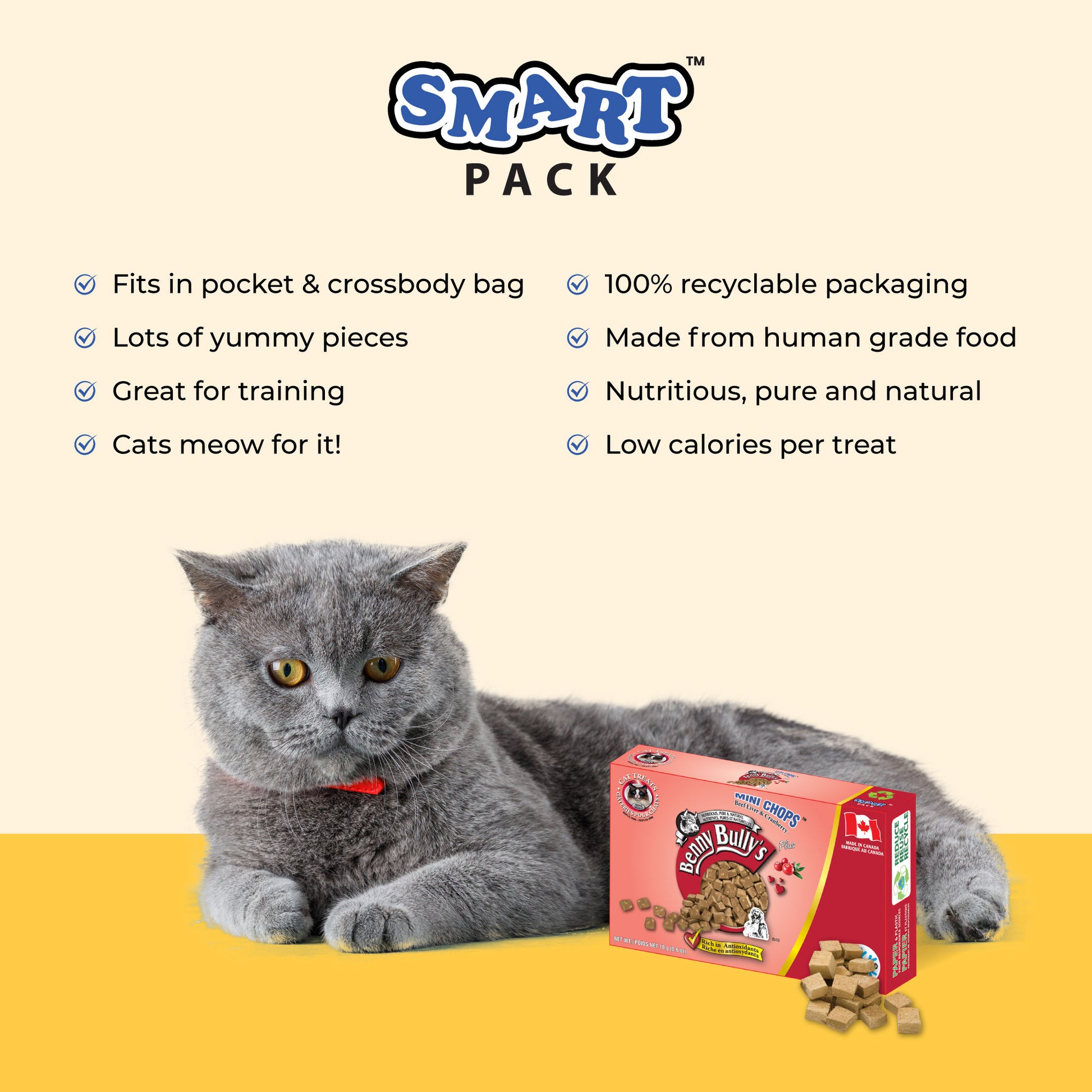 grey cat sitting besides a pink and red box of beef liver cat treats with made in canada symbol