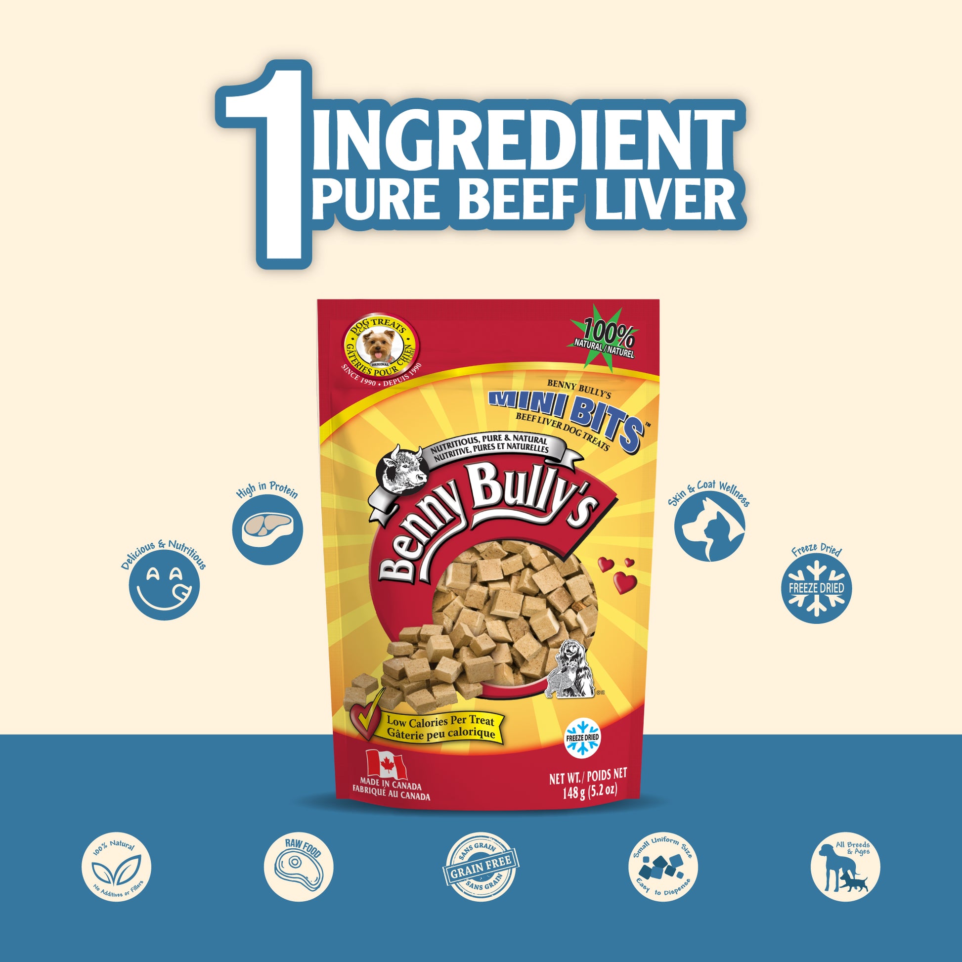 red and yellow freeze dried dog treats bag against beige and blue backdrop with small cubes to dispense easily