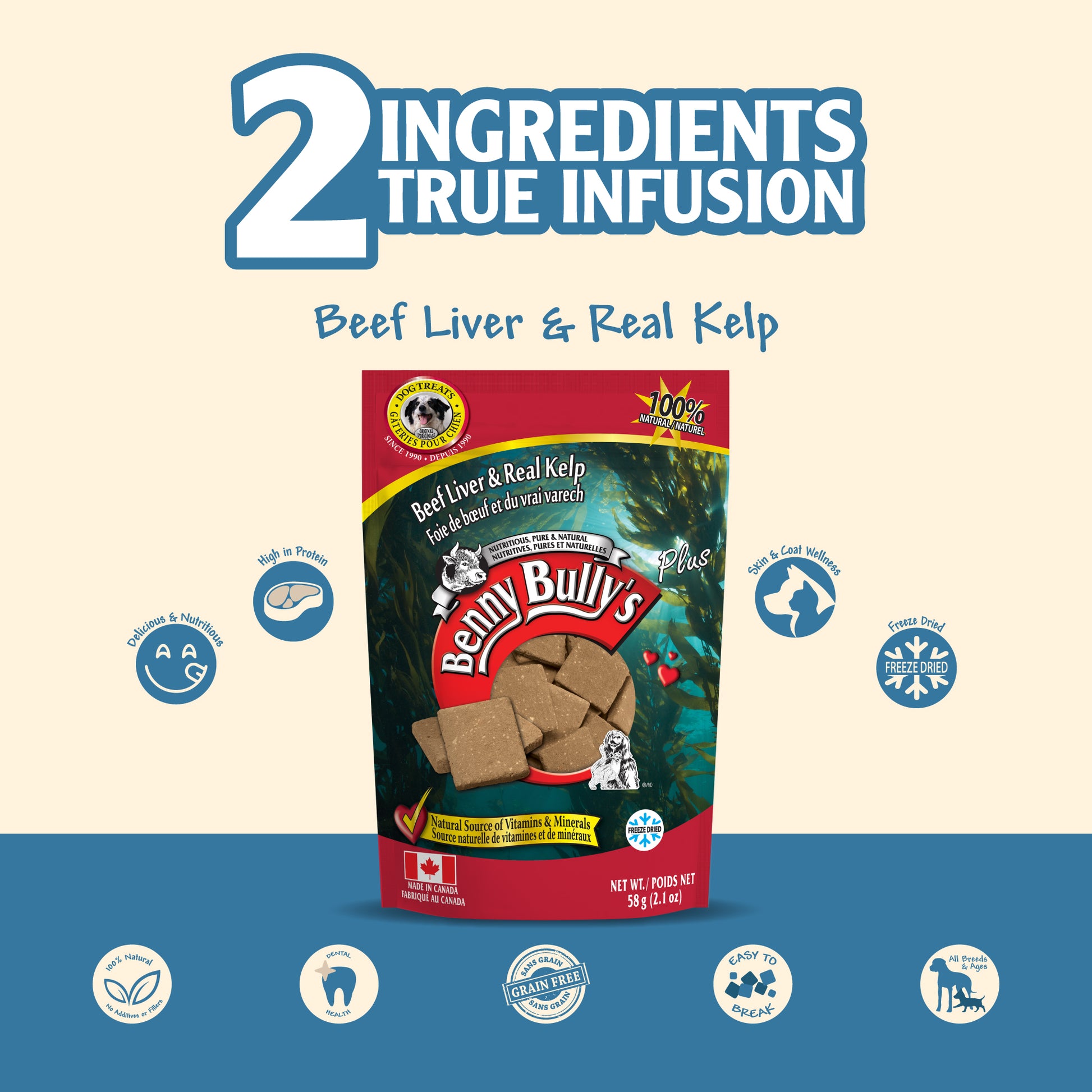 red and sea green dog treats pouch with underwater image of kelp as a background