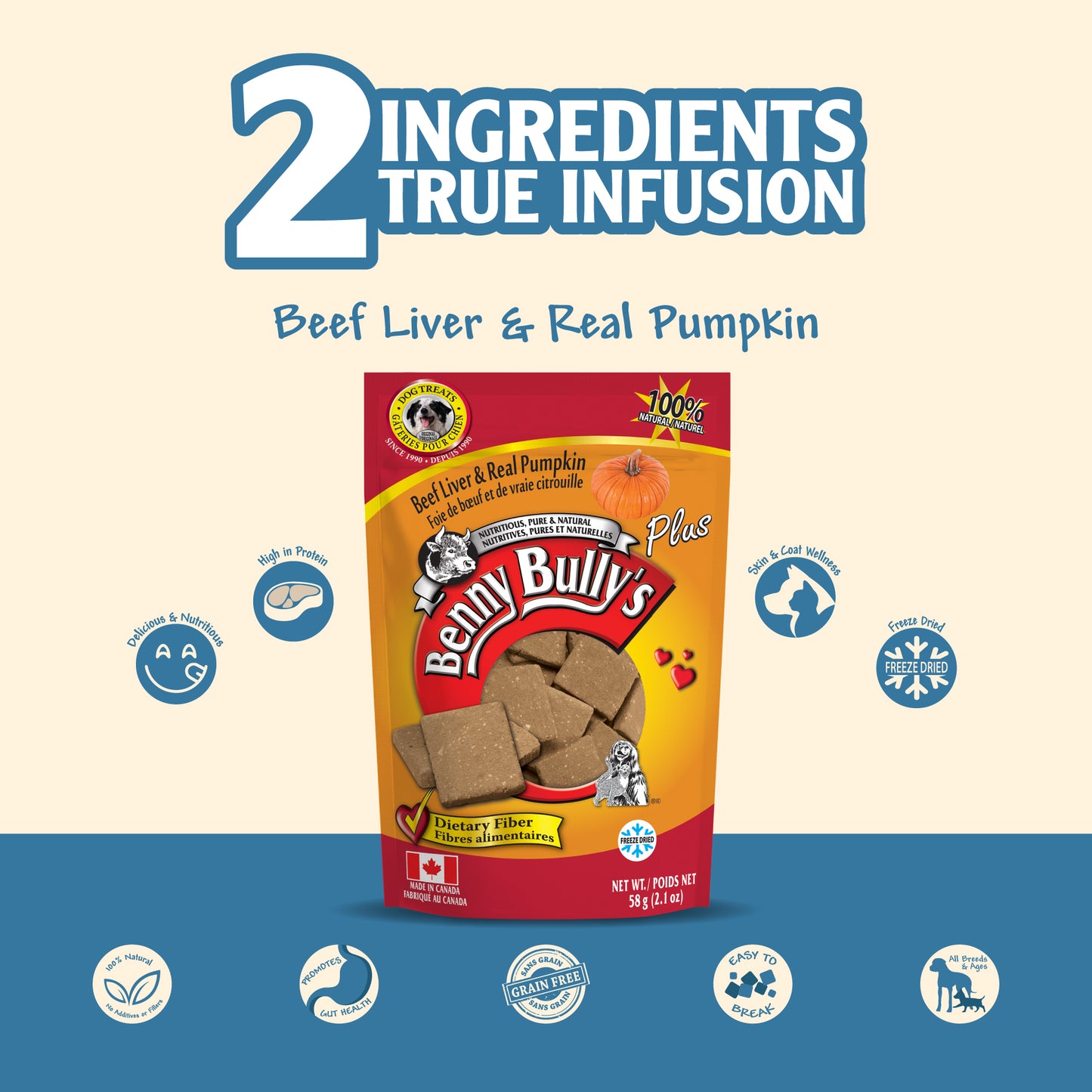 beef liver and real pumpkin dog treats pouch on a beige blue background indicating the treats are good for dog's gut health