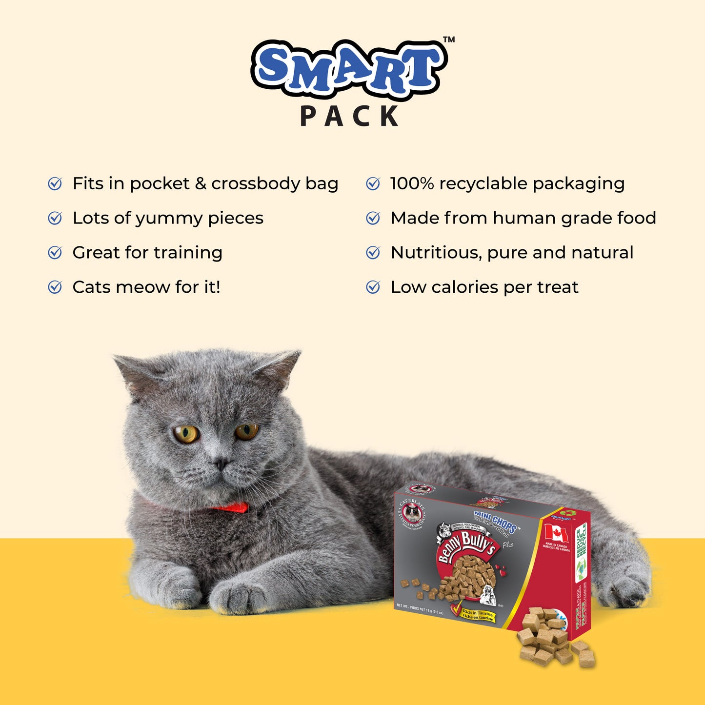 grey cat sitting besides a grey and red box of beef liver cat treats with made in canada symbol