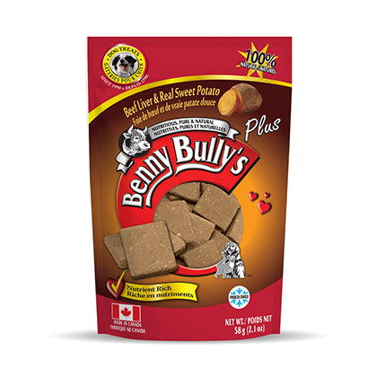 red and brown bag with a bison image for made in canada freeze dried dog treats weighing 60g