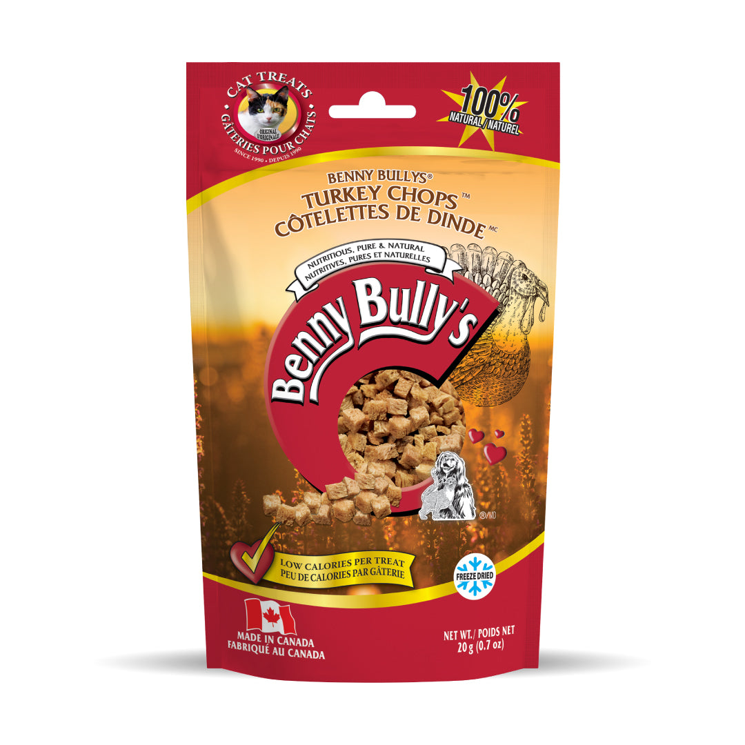 small pouch of tiny freeze dried turkey cubes with an orange and brown field background and turkey bird drawing