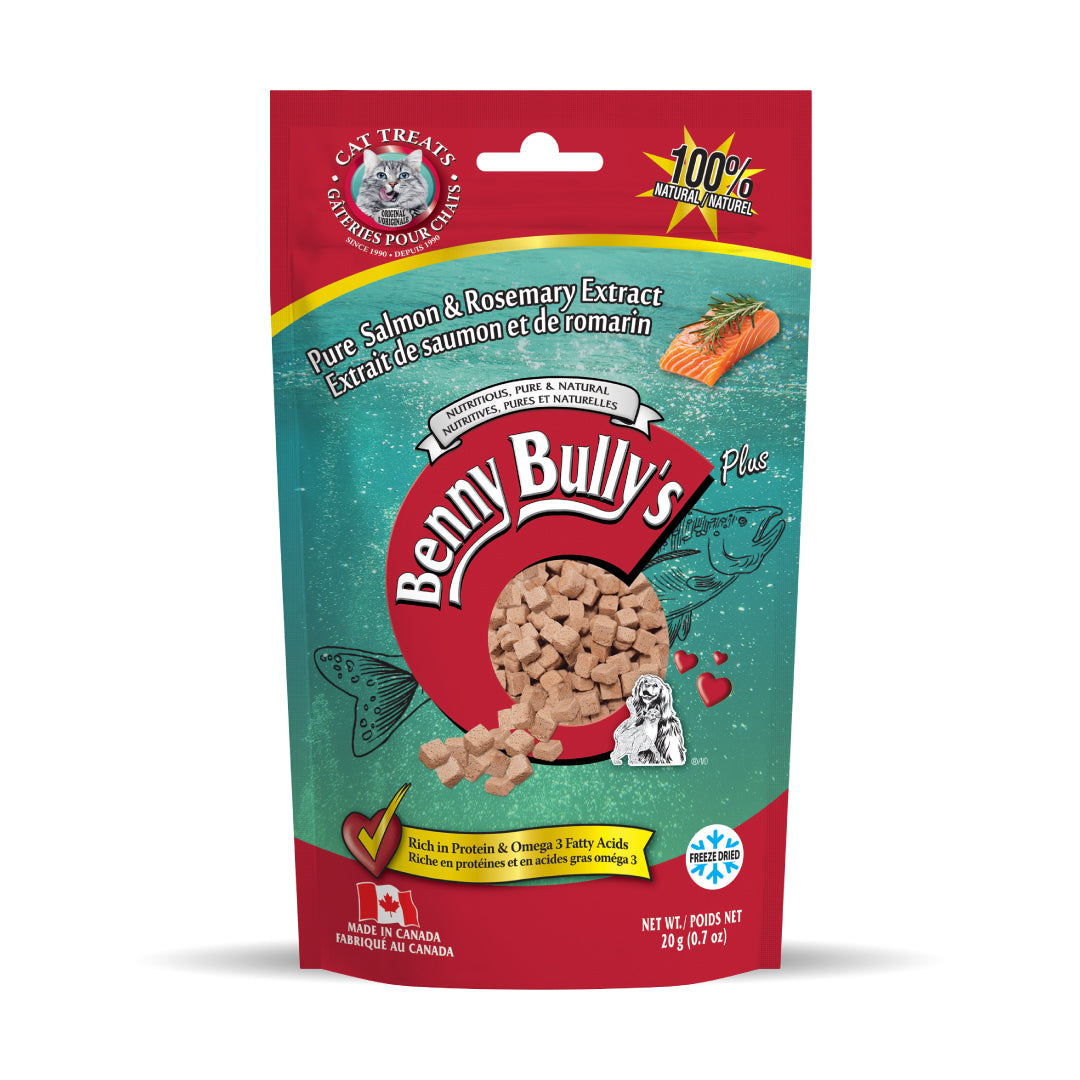 cat treats pouch with red and sea green background and a salmon silhouette behind the logo