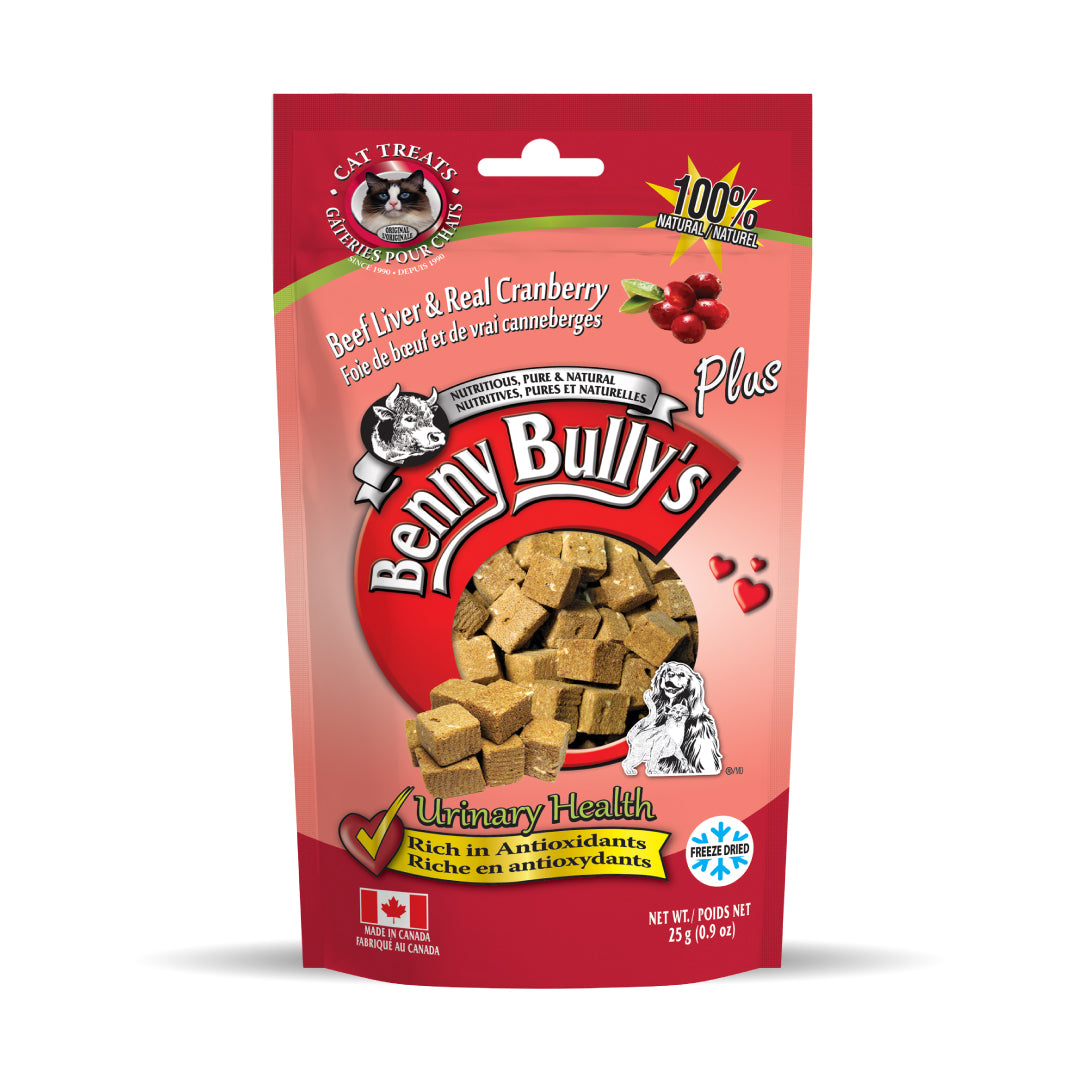 pink and red pouch of 25g cat treats with beef liver and real cranberries