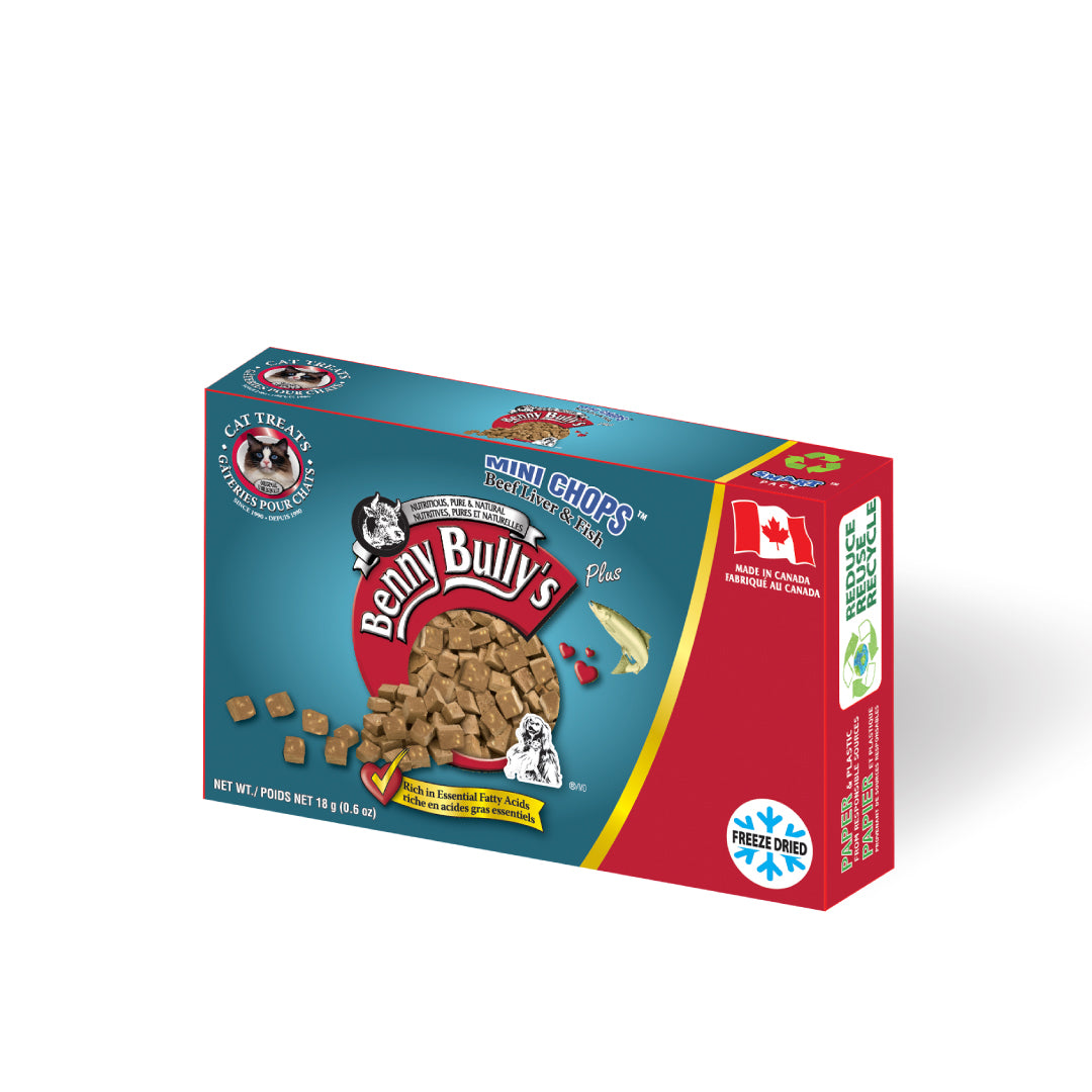 blue and red box of beef liver cat treats with made in canada symbol