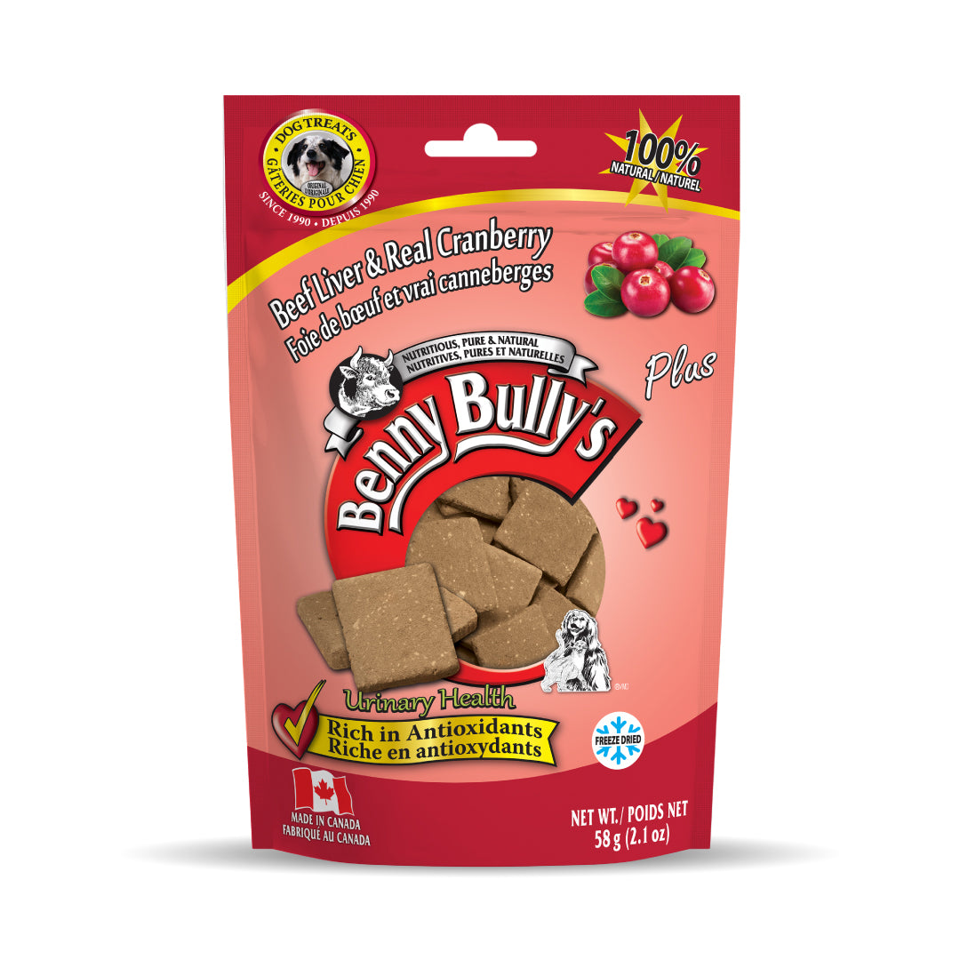 pink and red pouch of made in canada dog treats with beef liver and cranberry treat pieces on the side