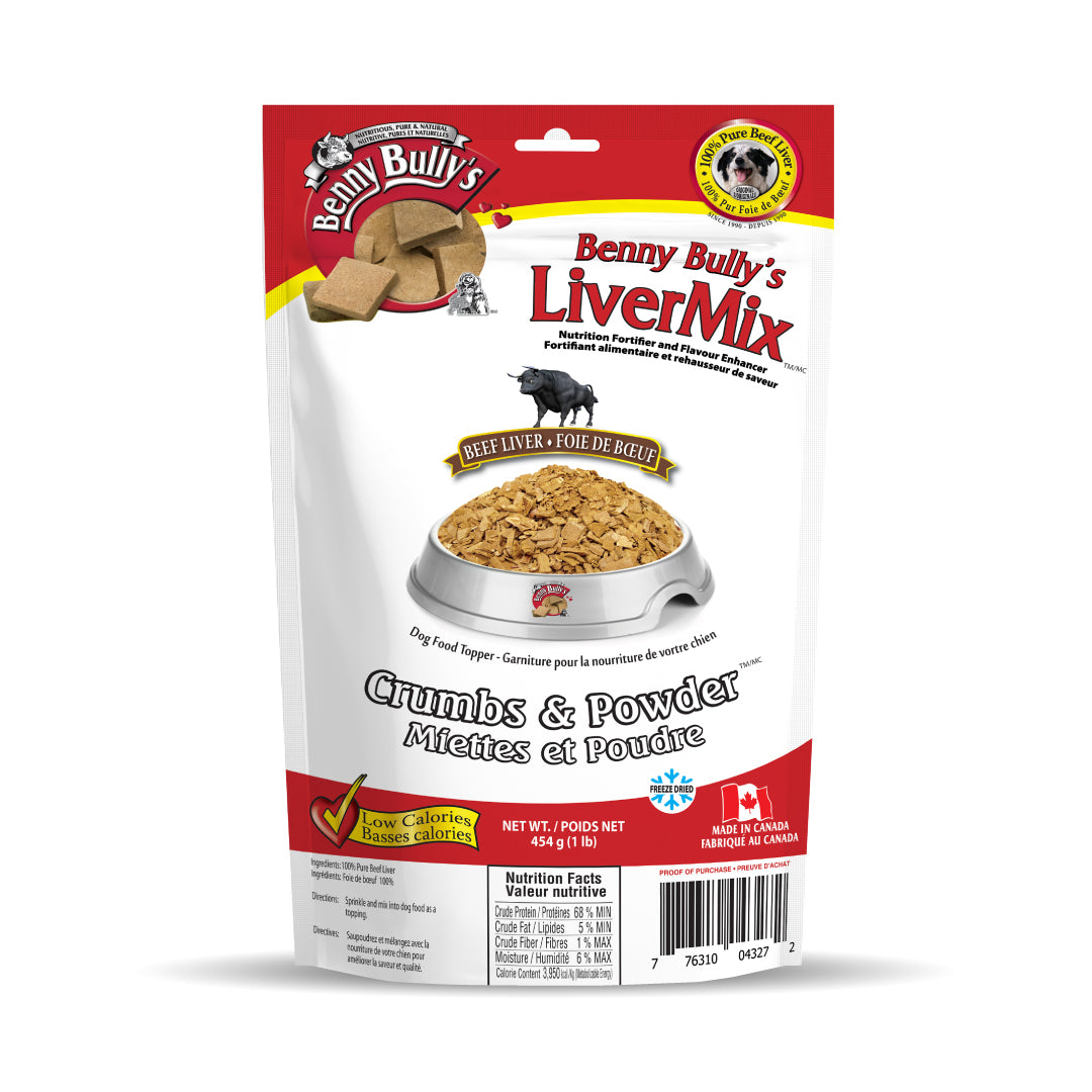 red and white bag of low calorie freeze-dried beef liver dog food topper, 454g (1lb) bag made in canada