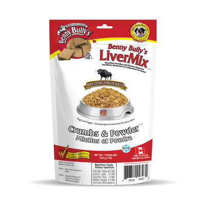 red and white bag of low calorie freeze-dried beef liver dog food topper, 454g (1lb) bag made in canada