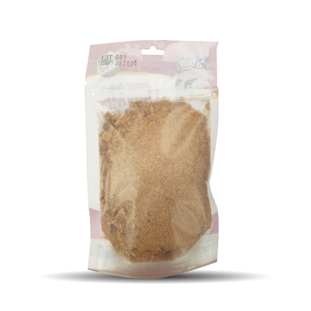 Dog food topper pouch filled with crumbs and powder of beef liver