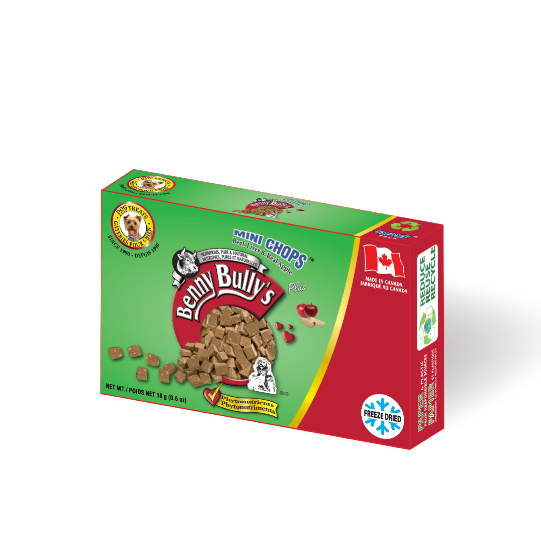 green and red box of made in canada dog treats in small size