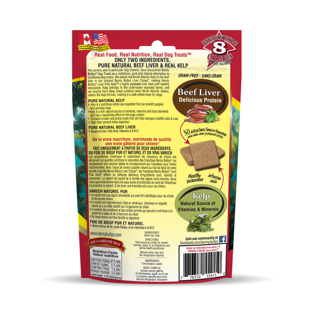 back face of a red and sea green pouch listing the benefits of the ingredients present in the dog treats with images of beef liver and kelp