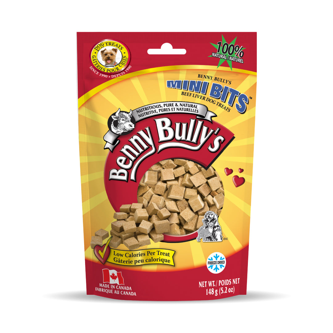 red and yellow bag of pure beef liver freeze dried dog treats (148g) in small pieces