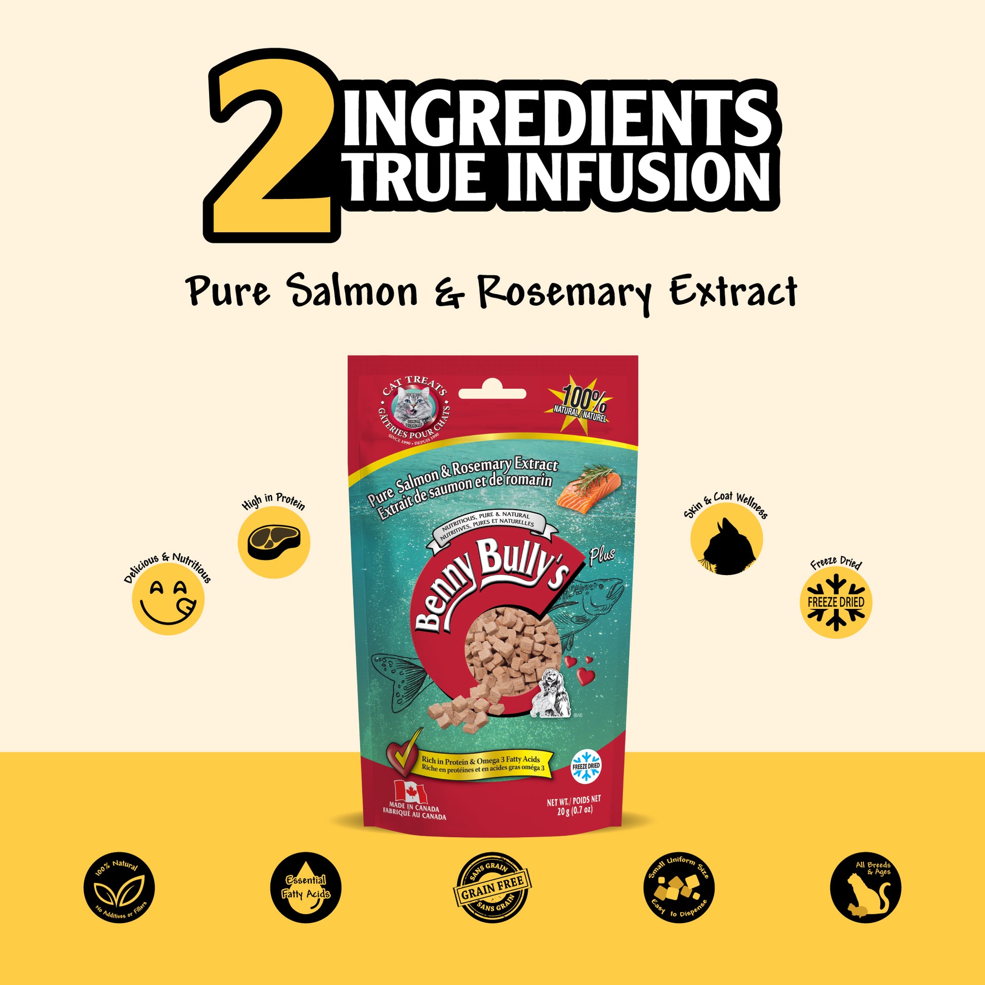 two ingredients logo on a beige, yellow background with a red and sea green pouch of salmon cat treats