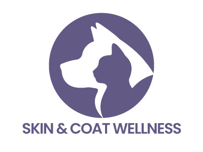 dog and cat faces silhouetted against each other on purple circle