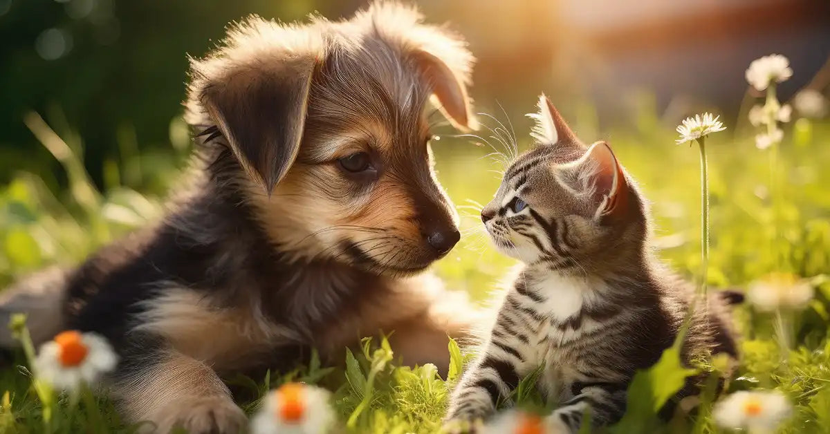 puppy and kitten looking at each other sitting in flowery grass