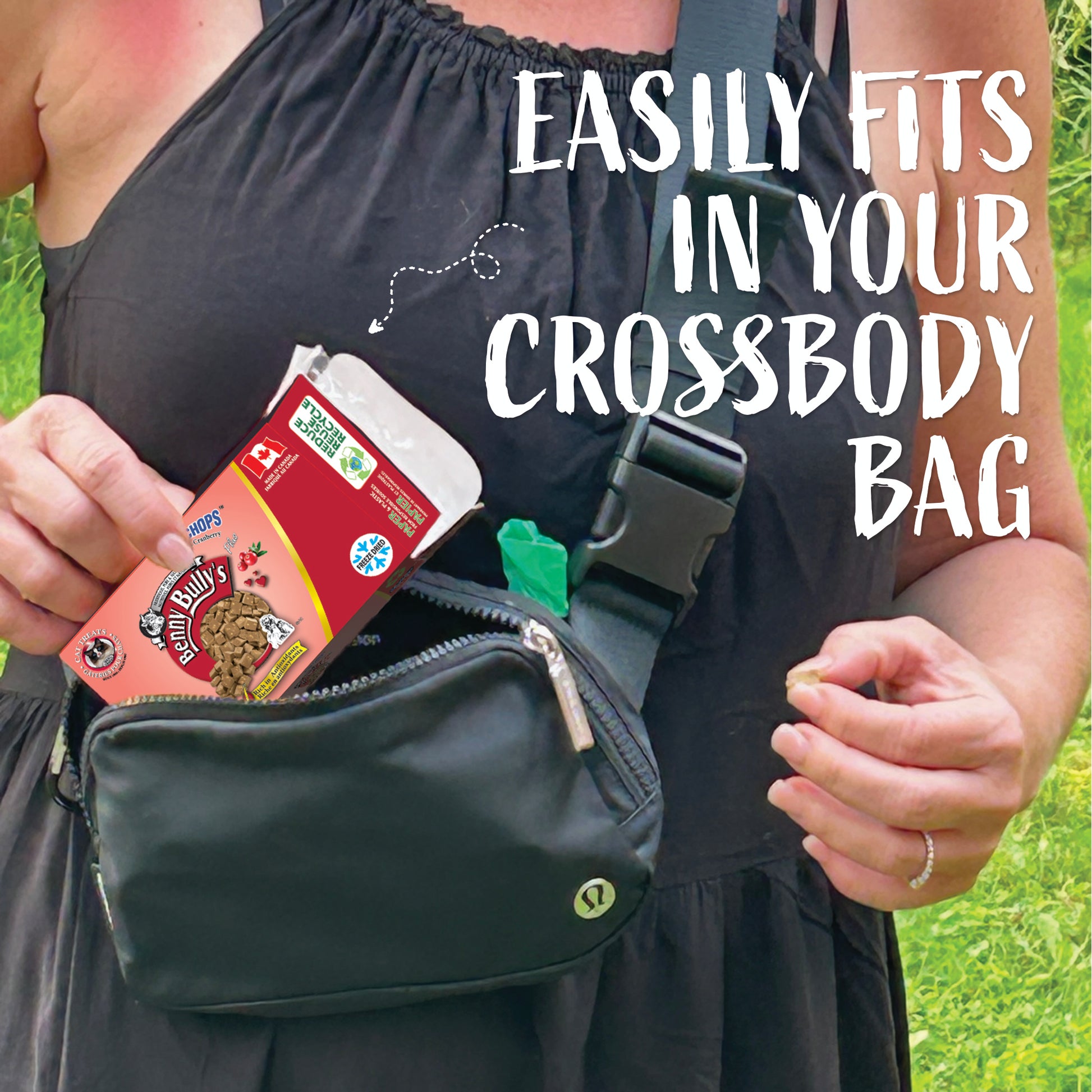 beef liver and cranberry mini chops in a woman's crossbody bag