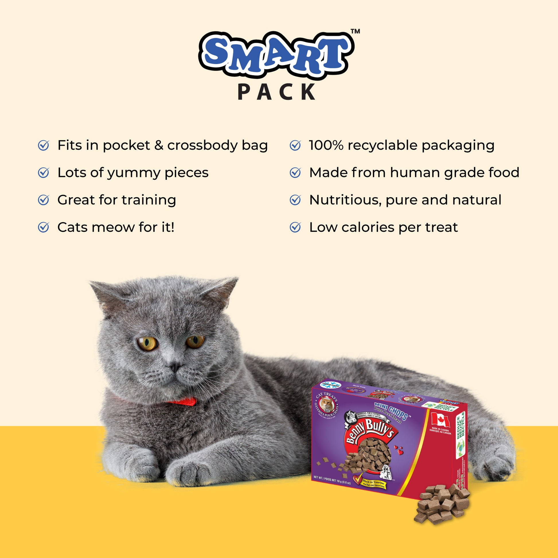 grey cat sitting beside a purple and red box of beef heart cat treats with made in canada symbol