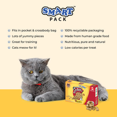 grey cat sitting beside a yellow and red box of beef liver cat treats with made in canada symbol