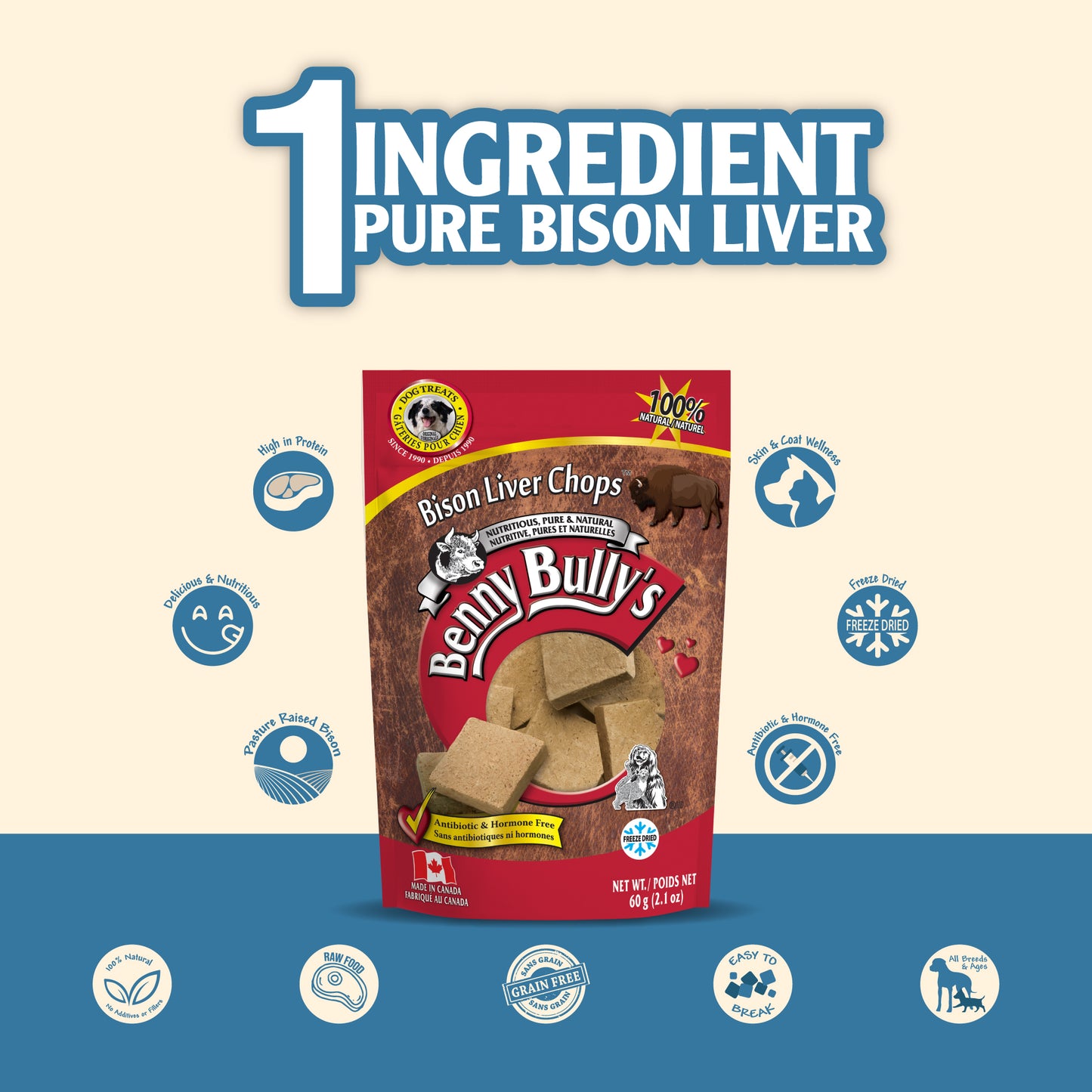red and brown bag of grain free, freeze dried, pasture raised, antibiotic & hormone free pure bison liver