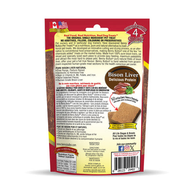 back facing for red and brown bag of made in canada freeze dried dog treats weighing 60g with an image of pure bison liver