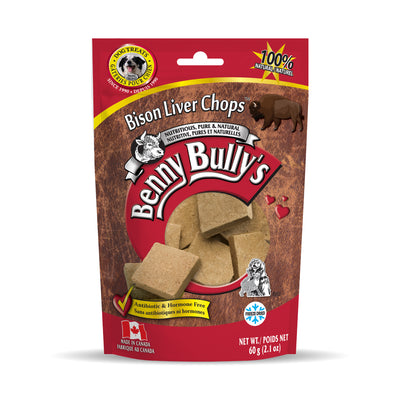 red and brown bag with a bison image for made in canada freeze dried dog treats weighing 60g