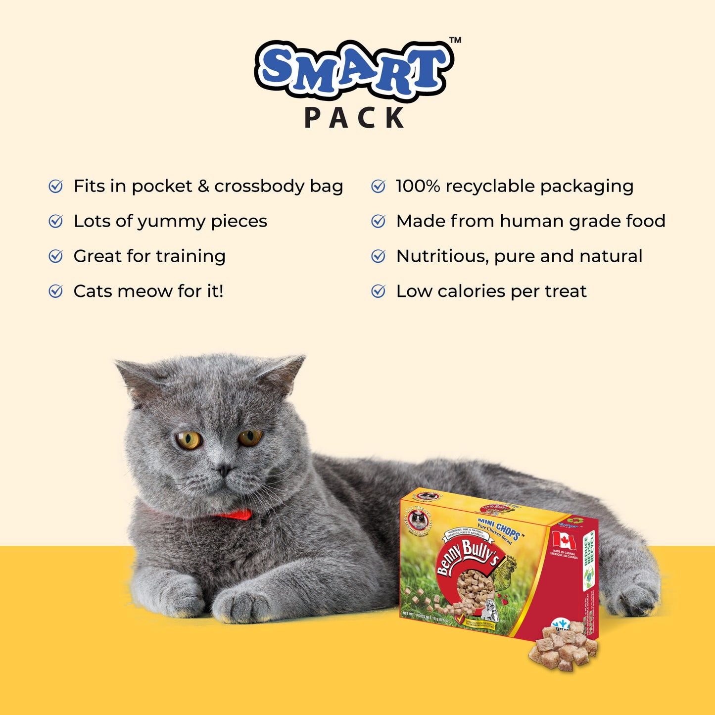 grey cat sitting beside a yellow, green and red box of pure chicken breast cat treats with made in canada symbol