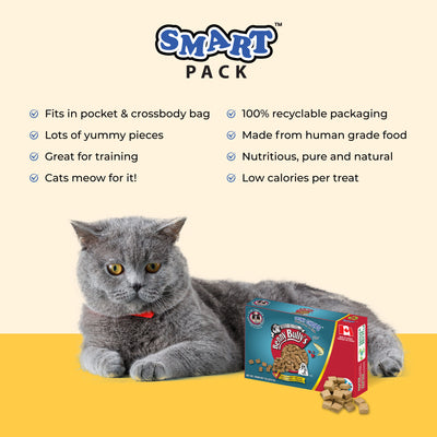 grey cat sitting besides a blue and red box of beef liver cat treats with made in canada symbol