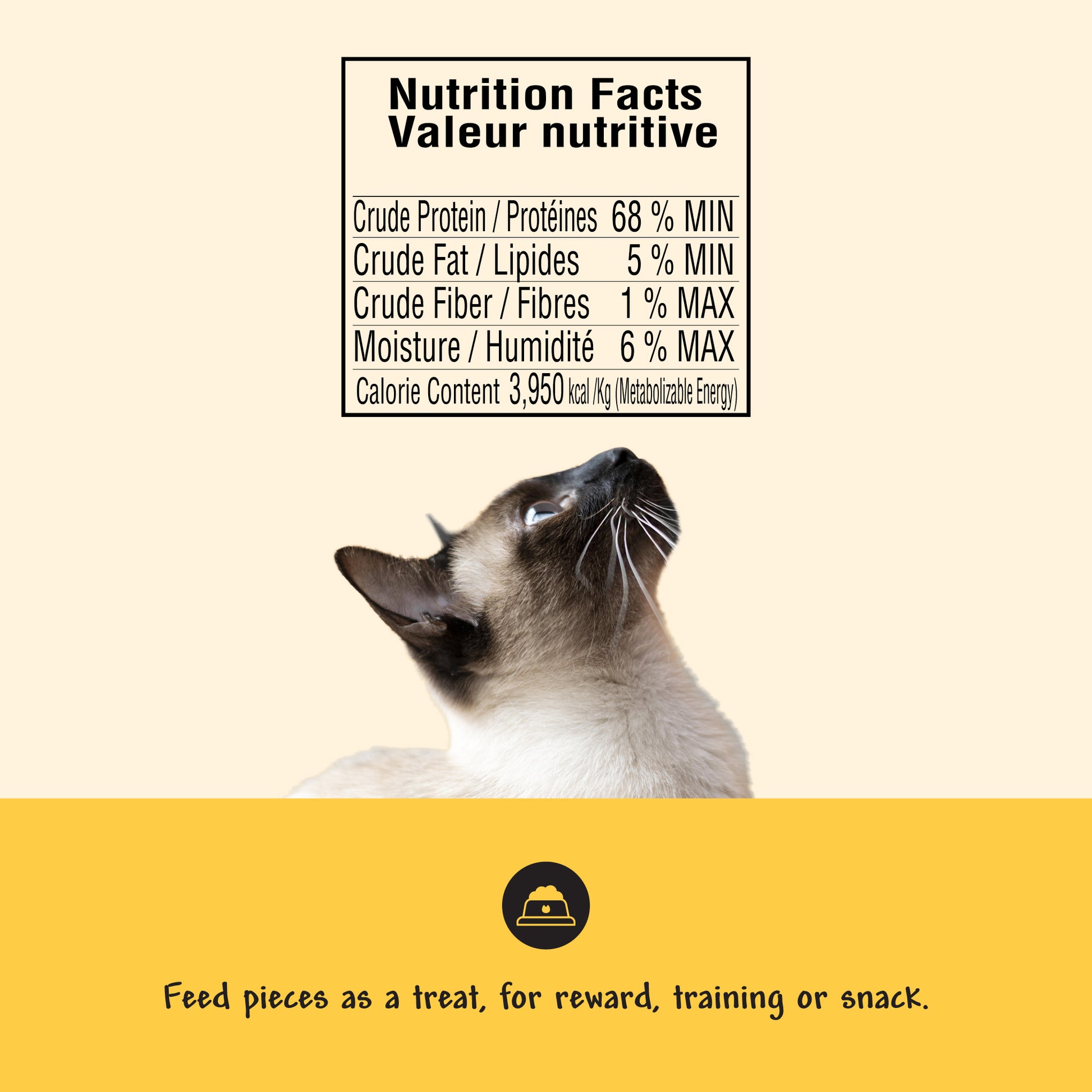 siamese cat looking upwards at the nutrition facts for cat treats and feeding guidelines