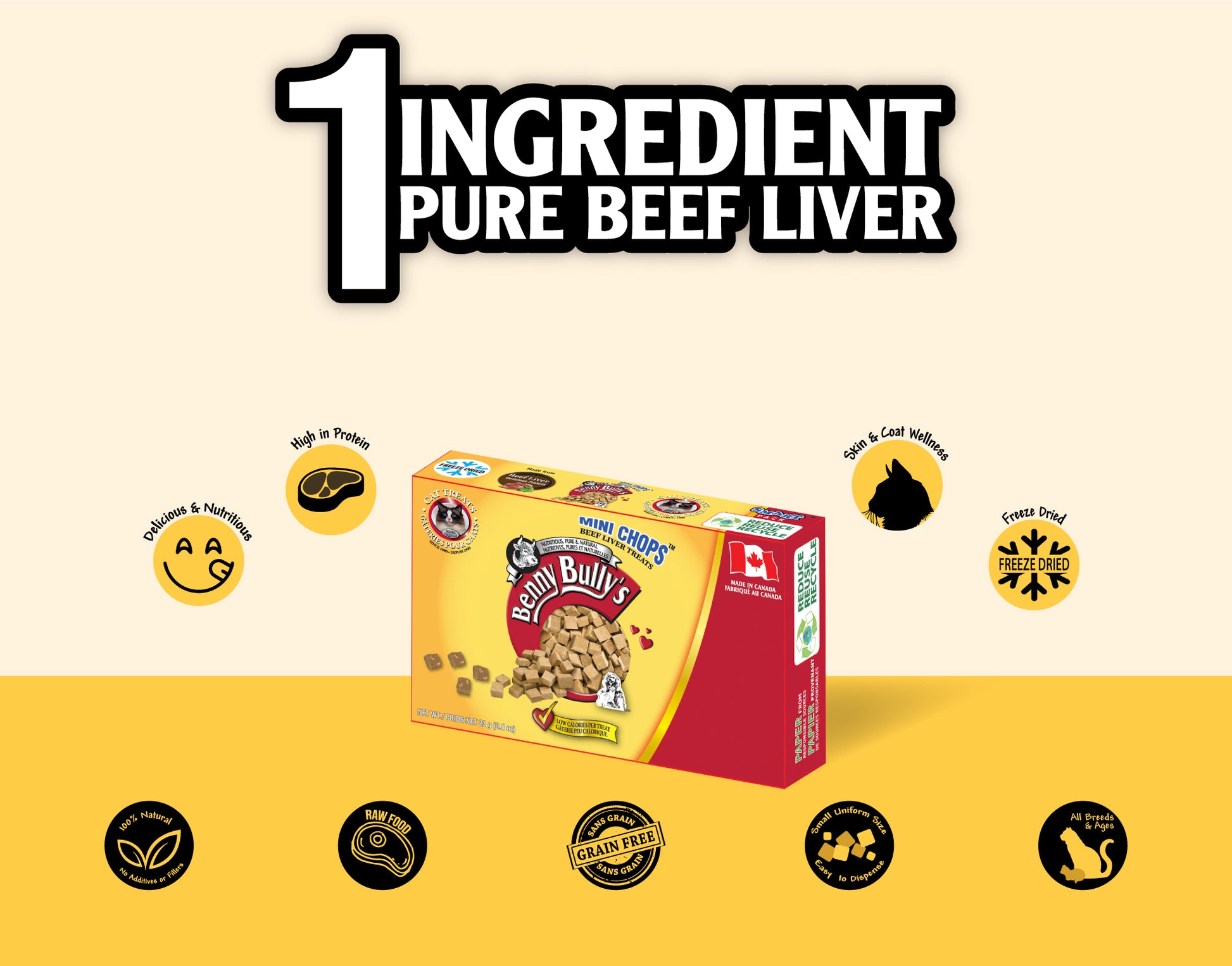 yellow and red box of beef liver cat treats with made in canada symbol on a beige and yellow backdrop