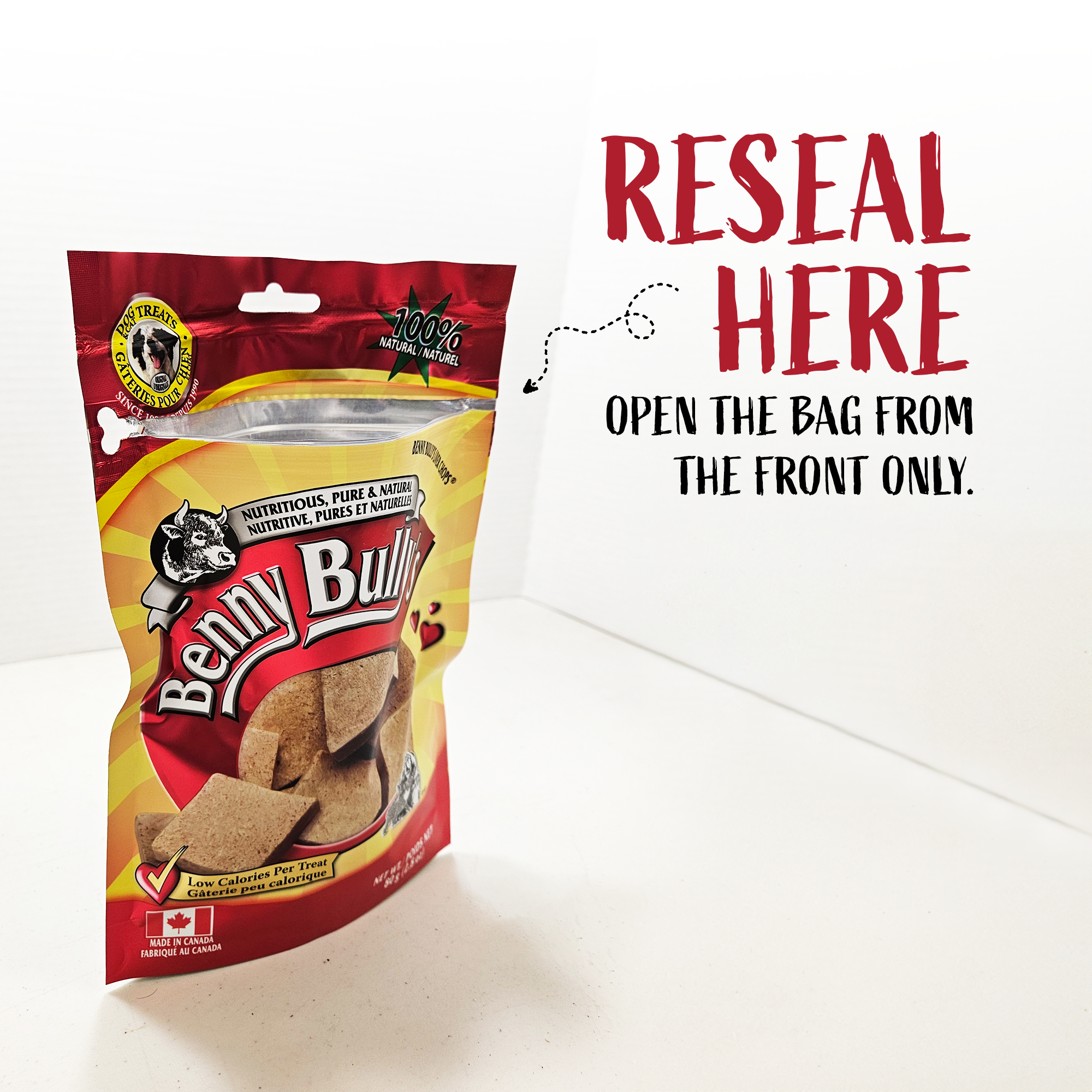 an open bag of benny bullys beef liver dog treats