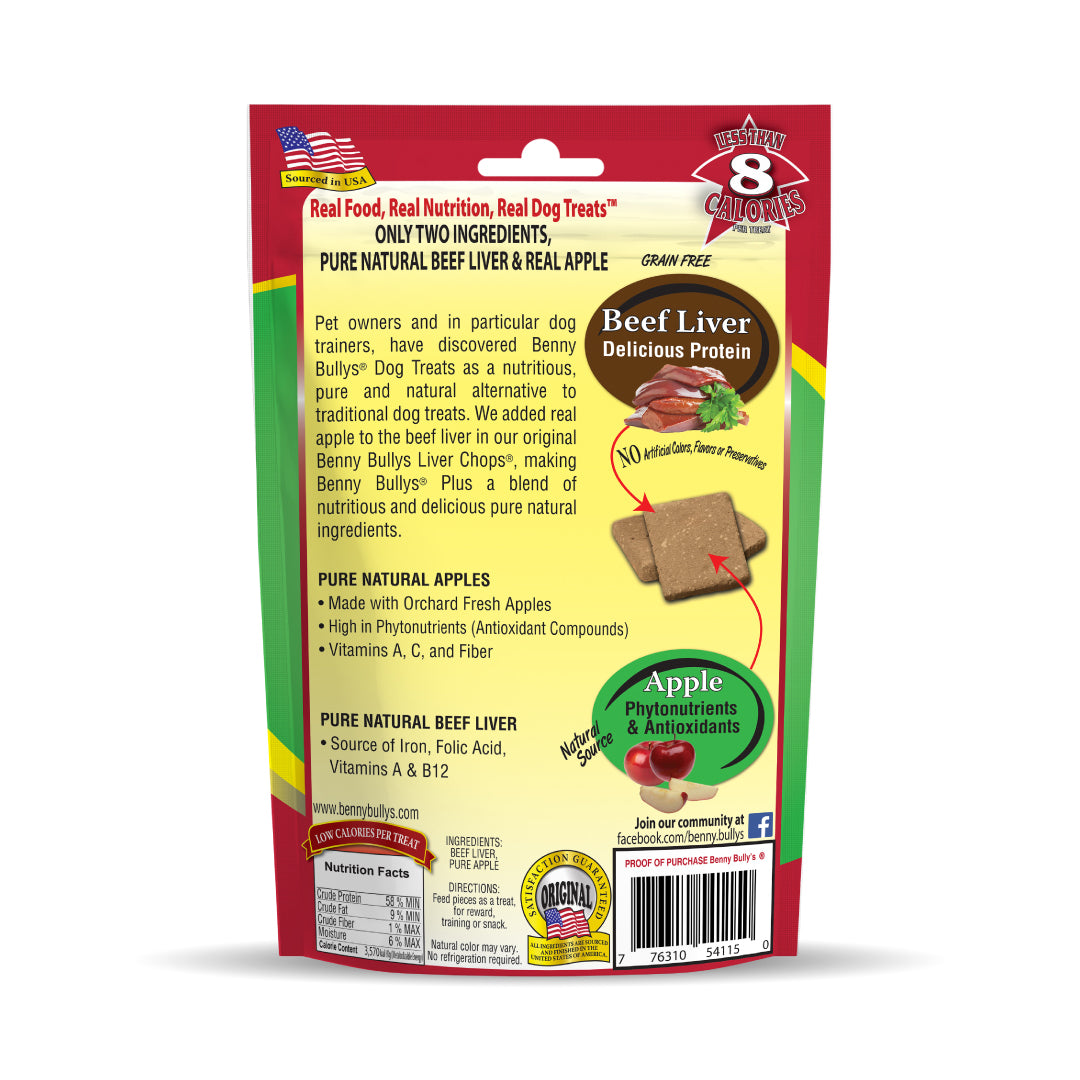 back facing green and red pouch of beef liver and apple treats with description and detail
