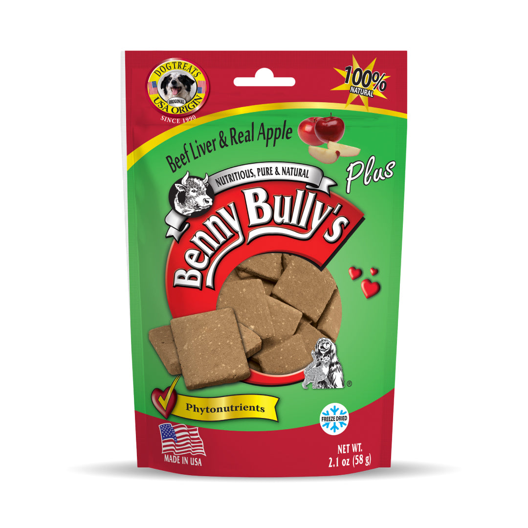 green and red 58g pouch of beef liver and apple treats