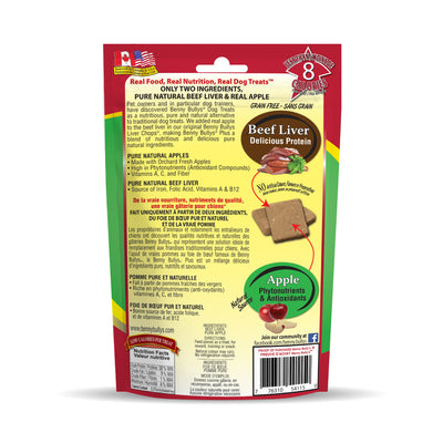 back face of a green and red pouch of beef liver and apple dog treats