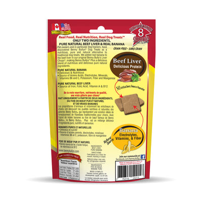 back side of beef liver and banana dog treats with the image of real banana and beef liver pieces