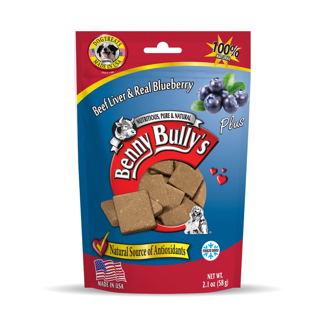 red and blue pouch of beef liver and blueberry dog treats with pieces on the side
