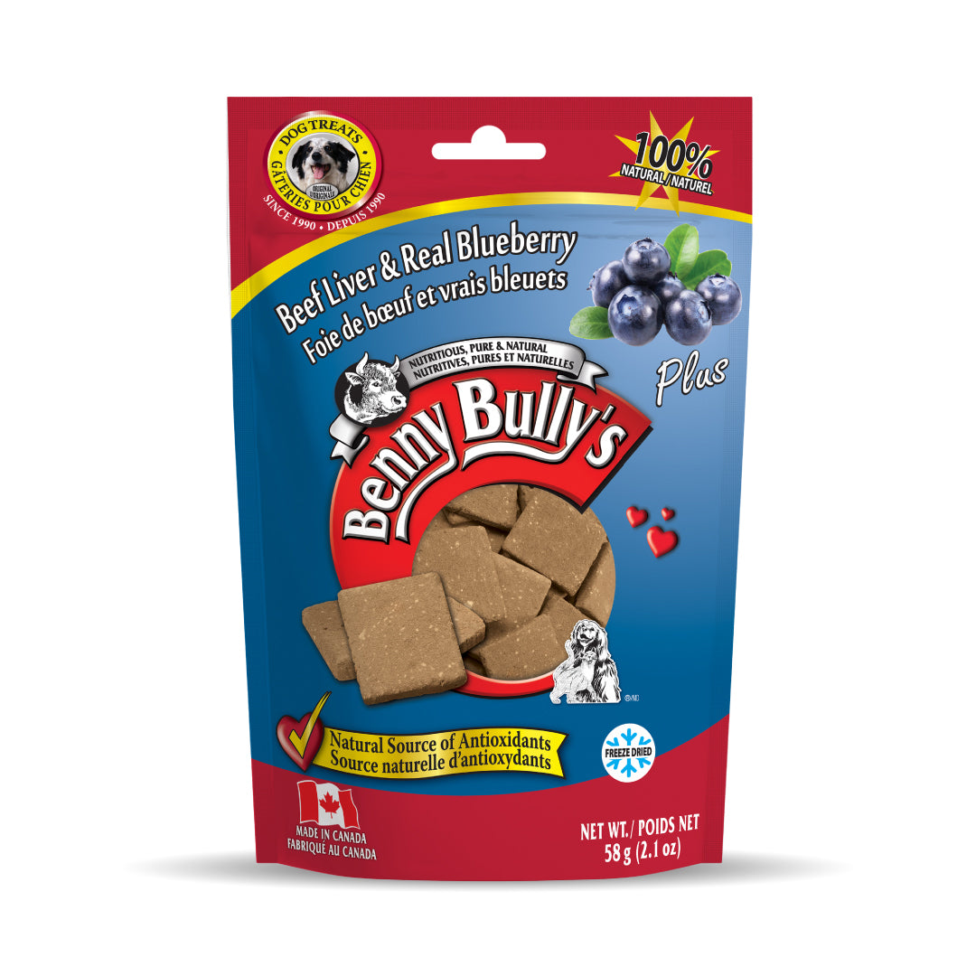 red and blue pouch of beef liver and blueberry dog treats with pieces on the side