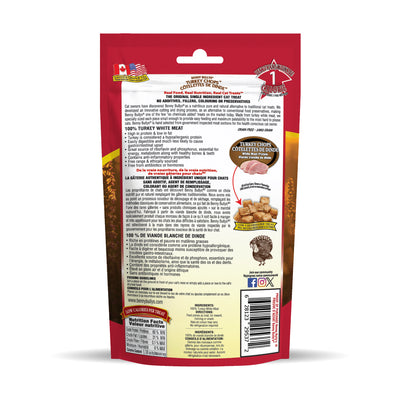 back facing of a brown and red pouch with details about freeze dried turkey cubes