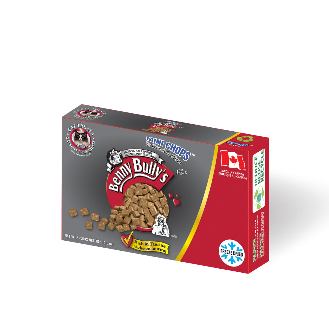 grey and red box of beef liver cat treats with made in canada symbol