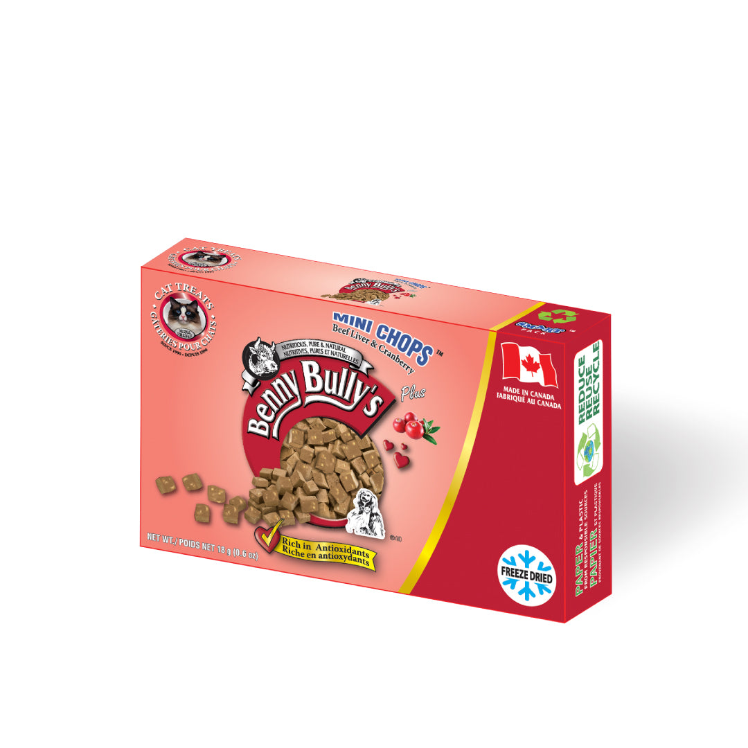 pink and red box of beef liver cat treats with made in canada symbol