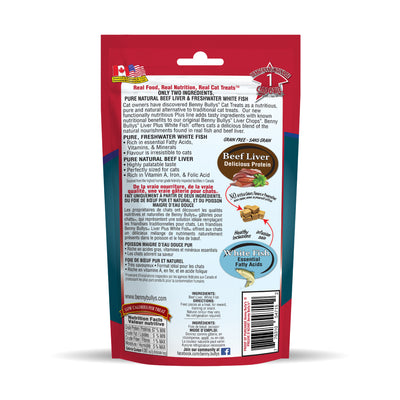 back face of blue and red pouch of 25g cat treats with white fish and beef liver