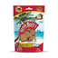 red pouch showing a coast with a coconut tree in the background and pieces of beef liver and coconut dog treats on the side