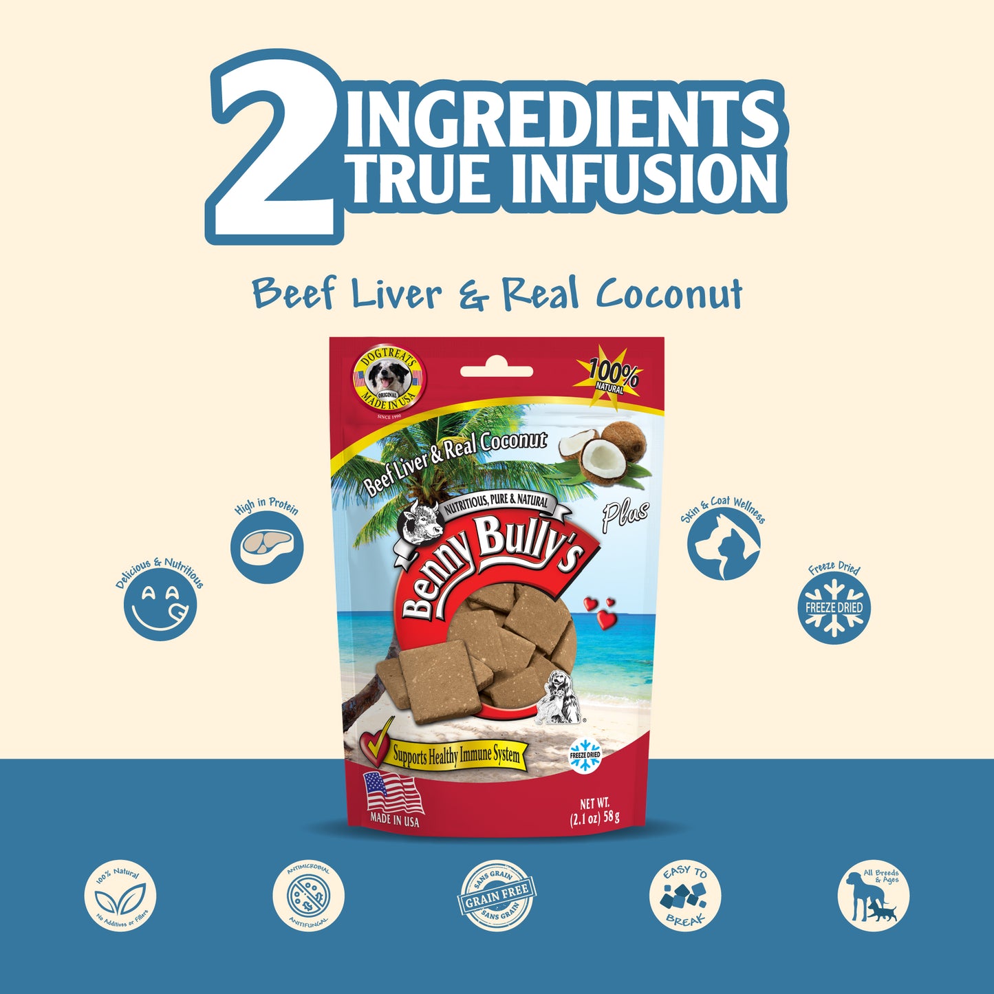 beef liver and real coconut dog treats pouch on the blue and beige background indicating antifungal and antimicrobial properties