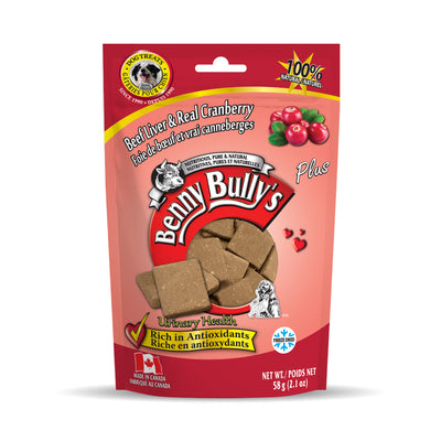 pink and red pouch of made in canada dog treats with beef liver and cranberry treat pieces on the side