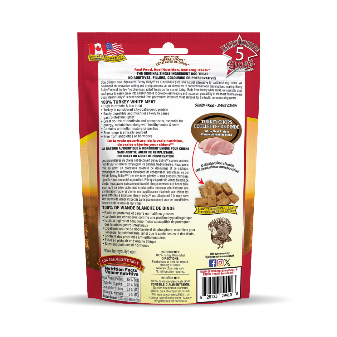 back facing of an orange, brown and red bag of turkey treats listing the benefits of turkey white meat