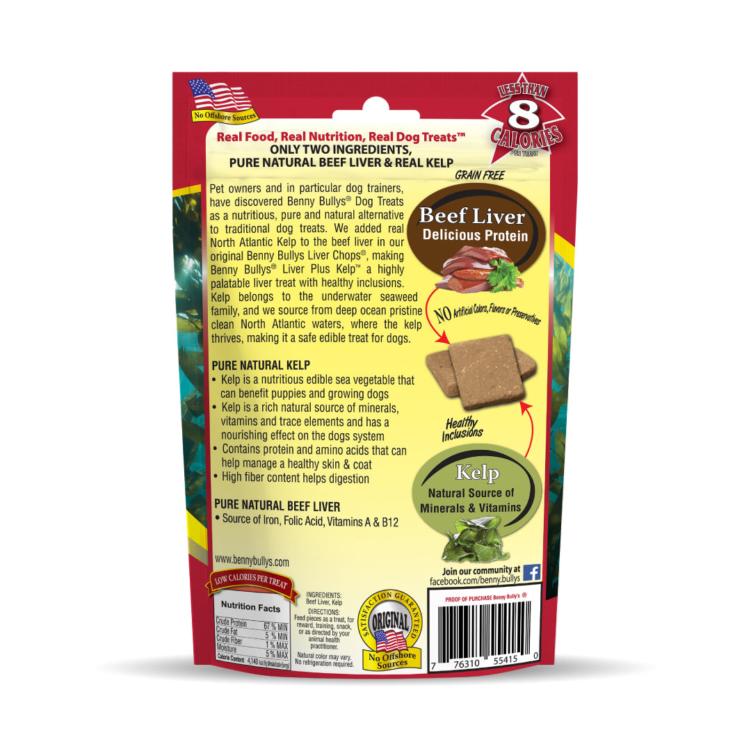 back face of a red and sea green pouch listing the benefits of the ingredients present in the dog treats with images of beef liver and kelp