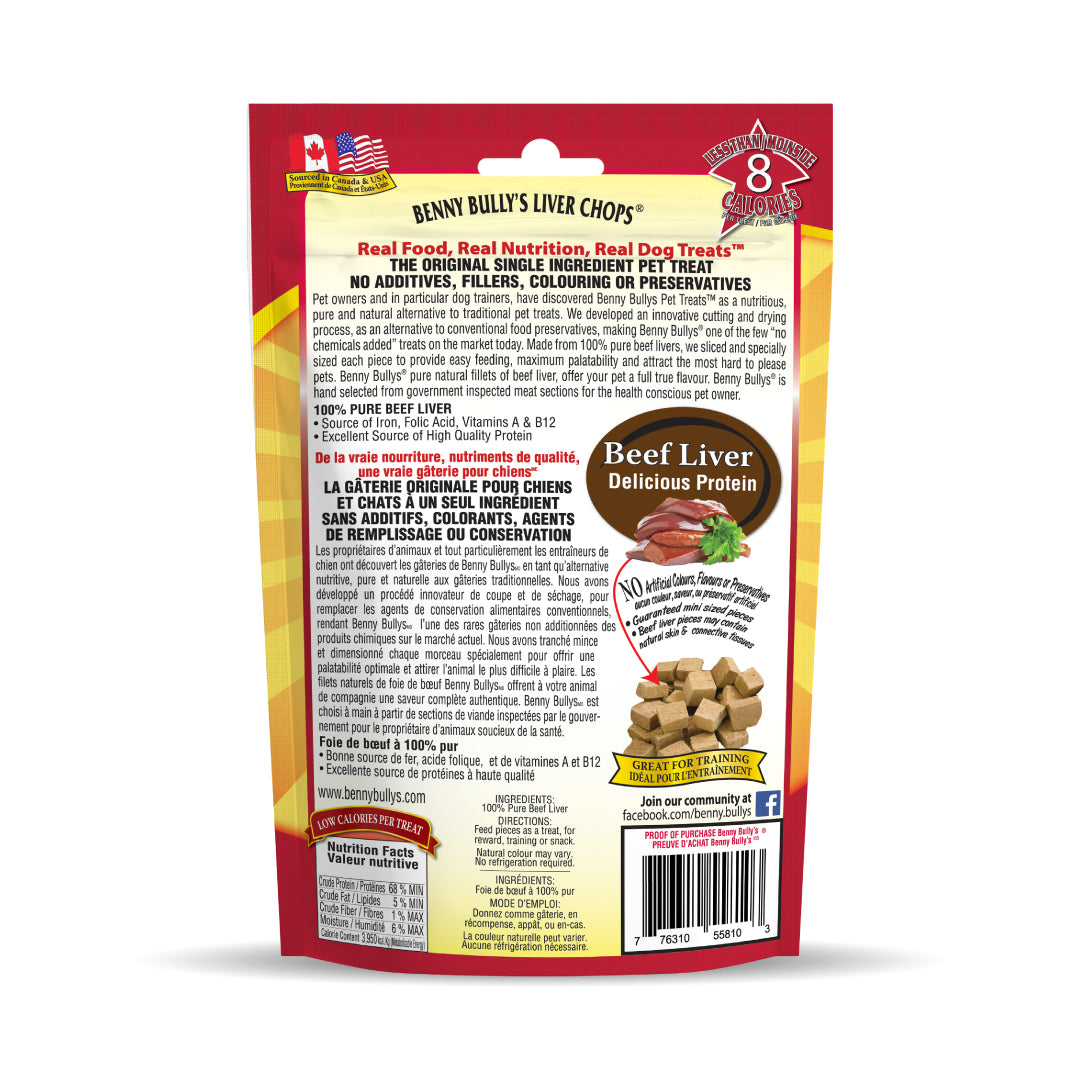 back facing of red and yellow bag of pure beef liver freeze dried dog treats (148g) in small pieces