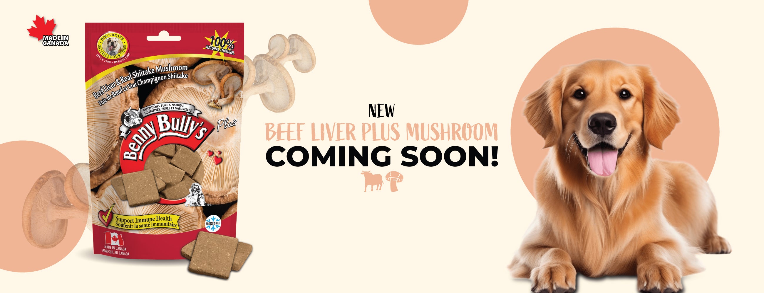 new pure turkey and beef liver plus shiitake mushroom dog treats pouches with a happy dog on orange and beige background