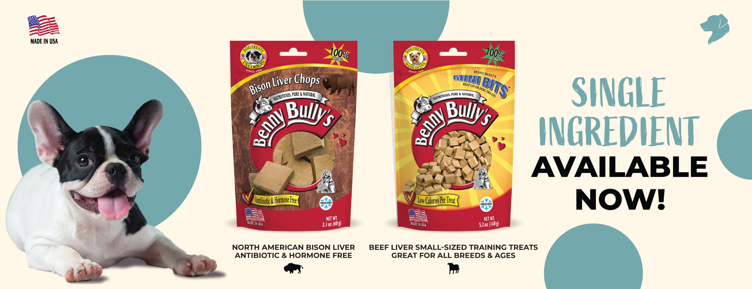 four bags of new dog treats on a green and beige background